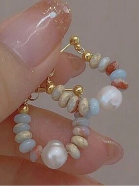 Gold Pearl & Pastel Bead Hoop Earrings - Women Jewelry